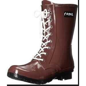 Roma Epaga Combat Mid Rain Boots 10 NWT Brown Mid Calf Wellies Lace Up
